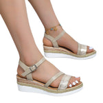 2022 Summer Women Wedge Sandals Plus Size One Word Buckle Sandals Fashion Retro Rome Casual Beach Peep Toe Sandalias De Mujer