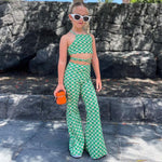 Kids Baby Girls Green Summer Clothes 2pcs/set Sleeveless Belt Tops+Flared Pants Young Children&#39;s Girls Fashion Clothing Suits 8Y