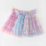 Girls Tulle Super Fairy Princess Dresses Fly Sleeve Rainbow Star Sequined Cake Dress Children Mesh Puffy Birthday Party Vestidos