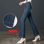 Autumn and Winter High Waisted Jeans Denim Flared Pants Women&#39;s Elastic Thin Straight Micro Pants Elastic Waist Trousers M-4XL