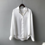 Autumn Fashion Button Up Satin Silk Shirt Vintage Blouse Women White Lady Long Sleeves Female Loose Street Shirts 11355