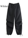 Willshela Women Fashion Parachute Cargo Pants Vintage Jogging Trousers High Elastic Waist Female Chic Lady Boot Cut