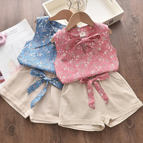 Summer Girls Children Casual Sleeveless Chiffon Blouse + Shorts Suits 2pc Suits