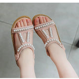 Girls Sandals Kids Summer Roman Shoes 2022 Elegant Pearl Rhinestone Party Princess Shoe Flats Non-slip Casual Girl Beach Sandal