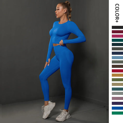 2Pcs Women Sets Energy Seamless Gym Suits Bubble Butt Sports Pants+Long Sleeve Shirts Push Up Running Sets Tracksuits Tights Set