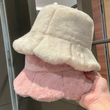 Soft Ruffle Sweet Bucket Hat Plush Lotus Leaf Winter Warm Fisherman Hat Women Girls Autumn Outdoor Panama Casual Caps Hats