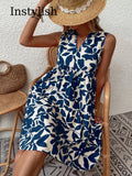 Women Boho Print Mini Dress Summer Elegant Sleeveless V Neck Ruffle A Line Tank Dress Casual Loose Oversize Beach Party Sundress