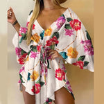 2023 New Summer Beach Elegant Women Dresses Sexy V Neck Lace-up Floral Print Mini Dress Casual Flared Sleeves Ladies Party Dress