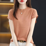 Fashion Solid Color Knitted Loose Korean T-Shirt Women&#39;s Clothing 2023 Spring New Casual Pullovers All-match Tee Shirt