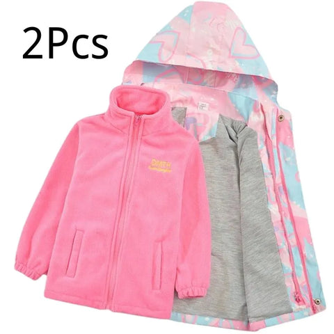 2Pcs Girls Jacket 3-in-1 Detachable Plus Fleece Thickened Coat Teenager Autumn Winter Casual Windproof Children Outdoor Overcoat
