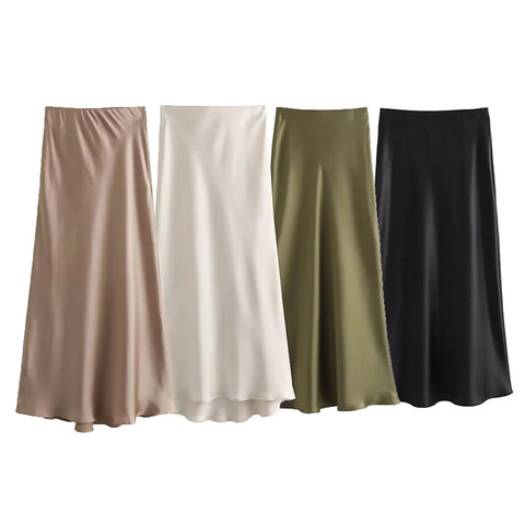 TRAF Women Solid Midi Skirts Autumn 2023 Casual Ladies Elastic Waist A-Line Fashion Ankle-Length Skirts