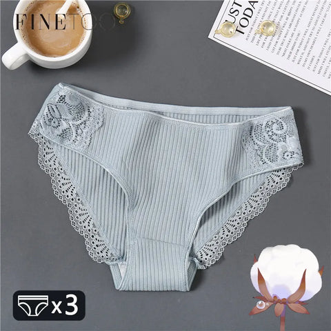 FINETOO Cotton Patchwork Lace Panties Women 3Pcs/set Comfortable Briefs M-2XL Ladies Low-Rise Underwear Soft Underpants Lingerie