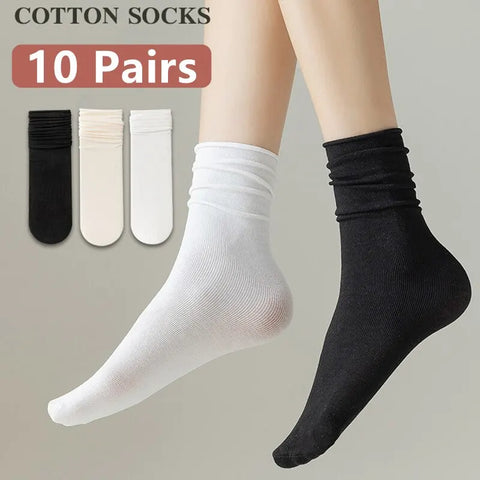 10 Pairs Thin Ice Silk Women's Long Tube Socks Summer Cool Mid Calf Socks Black and White Ice Ice Socks Pile Pile Ladies' Socks