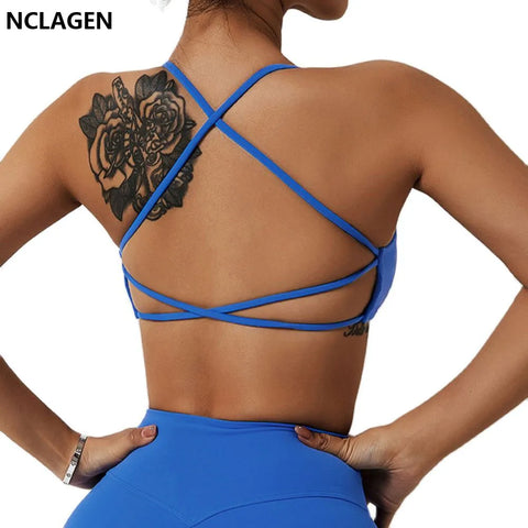 NCLAGEN Ladies Sports Bra Sexy Criss Cross Straps Back High Support Impact Yoga Underwear Running Fitness Gym Padded Bralette