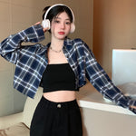 Korea Style Women&#39;s Casual Plaid Turn-down Collar Shirts Fall/Spring Girly Long Sleeve Loose Fit Versatile Cropped Blouse