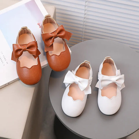 Girl's Princess Shoes Brown White Bowknot Lovely Shallow Children Flat Shoes Sweet Four Seasons 21-30 Light Kids Mary Janes