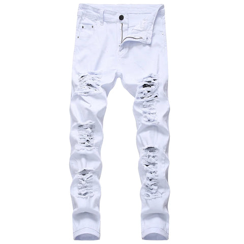 Straight Hole Destruction Trousers Distressed Jeans Men Denim Trousers Fashion Designer Brand White Pants Male Large Size