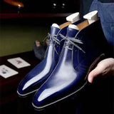 Men Ankle Boots Brown Black Blue Motorcycle Boots Lace Up Business Handmade Pu Leather Shoes for Men with Free Shipping