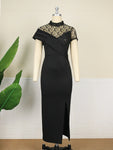 Black Long Prom Dresses High Neck Lace Patchwork Bodycon Women Evening Cocktail Club Party African Gowns Sexy Slit Outfits 2023
