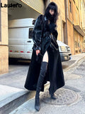 Lautaro Spring Autumn Extra Long Oversized Cool Reflective Shiny Black Paten Leather Trench Coat for Women Belt Runway Fashion