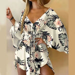 2023 New Summer Beach Elegant Women Dresses Sexy V Neck Lace-up Floral Print Mini Dress Casual Flared Sleeves Ladies Party Dress