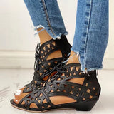 Wedge Sandals for Women 2022 Summer Shoes Fashion Lace Up Low Heel Flat Ladies Sandals Large Size Casual Hollow Out Sandalias