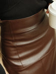 Lautaro Spring Autumn Soft Brown Faux Leather Maxi Skirt Women with Back Slit High Waist Long Luxury Elegant Office Clothes 2022