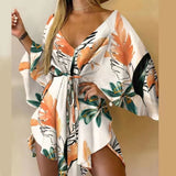 2023 New Summer Beach Elegant Women Dresses Sexy V Neck Lace-up Floral Print Mini Dress Casual Flared Sleeves Ladies Party Dress