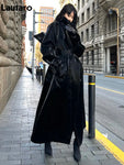 Lautaro Spring Autumn Extra Long Oversized Cool Reflective Shiny Black Paten Leather Trench Coat for Women Belt Runway Fashion