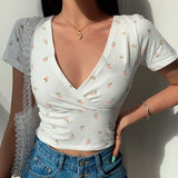 Summer Sexy Women Slim Crop Top Tees T Shirt Low Cut Short Sleeve Solid Female Teenage Girls Femmes T-Shirt Cross Wrap