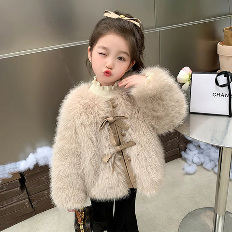 Fashion Girls Fur Long Sleeves Winter Warm Faux Fur Coat Solid Color Bow Baby Girl Thick Jackets Children’s Top CH196