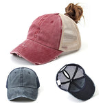 Vintage Ponytail Baseball Cap Women Adjustable Snapback Hat Mesh Distressed Summer Cap Woman Sunhat