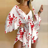 2023 New Summer Beach Elegant Women Dresses Sexy V Neck Lace-up Floral Print Mini Dress Casual Flared Sleeves Ladies Party Dress