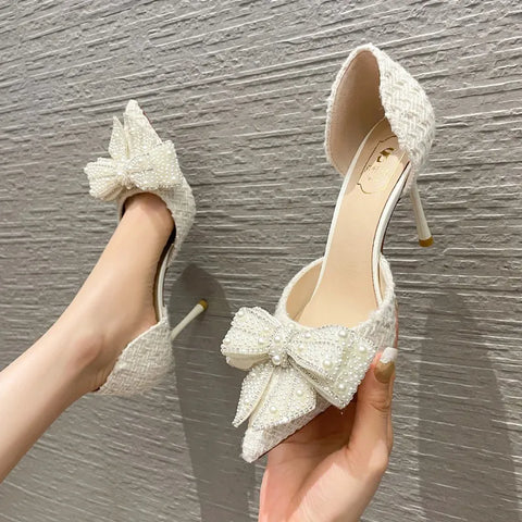 Luxury Pearl Crystal Bowtie White Wedding Shoes Women 2023 Autumn Brand Designer High Heels Pumps Woman Thin Heeled Party Shoes