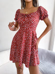 Women Casual Ruffles Short Sleeve Floral Print A Line Dress