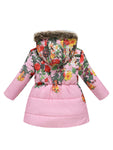 Girls' Warm Coat with Flower Print & Fleece Hood - Perfect for Winter!