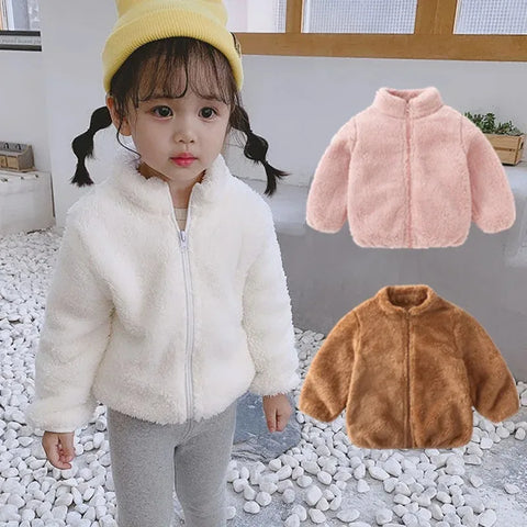 2023 Autumn Winter Girls Boys Casual Soft Warm Long Sleeve Coat Baby Kids Children Fleece Jacket Plush Zipper Closure Outerwear