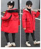 3 -14 Years Very Keep Warm Winter Boys Jacket 2023 Teenager Mid-Length Plus Velvet Thick Fur collarHooded Cotton Coat For Kids