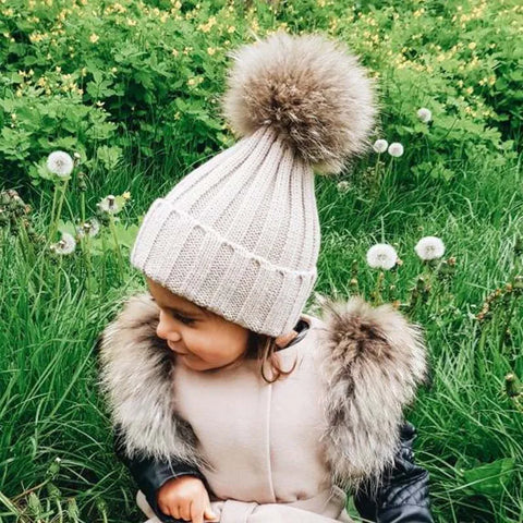 Winter Baby Hat Warm Knitted Hats For Kids Real Fur Pompom Beanie Solid Color Children Cap For Girls Boys