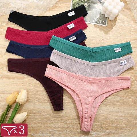 3Pcs/Set Women Sexy Cotton Thongs Solid V-Waist Stripe Lady Panties Breathable G-String Soft Underwear Female Intimates Lingerie