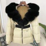 OFTBUY 2024 Winter Jacket Women Real Natural Fox Fur Collar Hooded Thick Warm 90% White Duck Down Coat Female Streetwear Casual