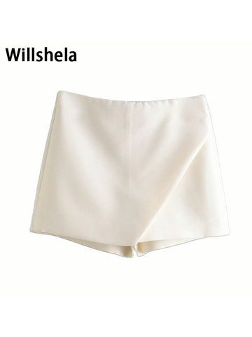 Willshela Women Fashion Asymmetrical Shorts Skirts High Waist Back Pockets Side Zipper Vintage Female Skort Solid
