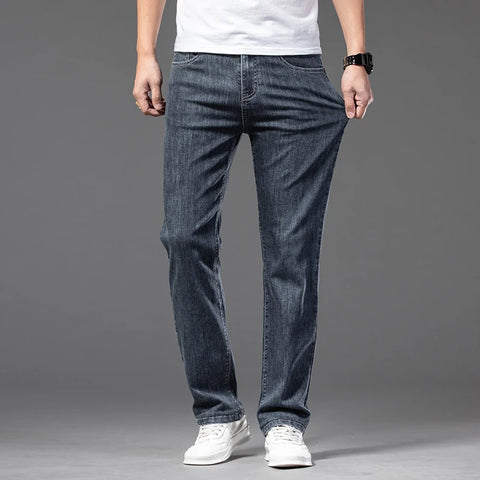 2024 Spring New Men's Stretch Loose Jeans Classic Brand Straight Business Casual Elastic Waist Denim Trousers Plus Size 42 44 46