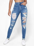 Ripped Holes Casual Skinny Jeans Autumn, Slash Pockets Distressed Single-Breasted Button Mid Waist Denim Pants