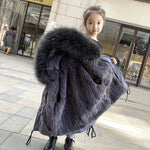 2023 -30 Degree Girl Winter Parkas Big Fur Collar Plus Velvet Faux Rabbit Fur Girl Jacket Coat 4-14 Years Kids Teenage Outerwear