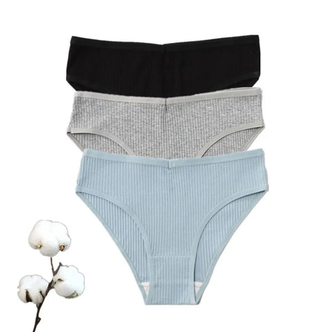 3Pcs Simple Cotton Underwear For Women Ribbed Solid Color Comfort Briefs Ladies Elastic Breathable Panties Sport Bikini M-XXL