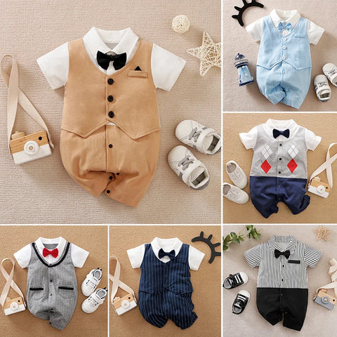 0-18 Baby Bodysuit Gentleman Style Handsome Formal Cotton Comfortable Soft Boys And Girls Summer Short Sleeved Newborn Clothes