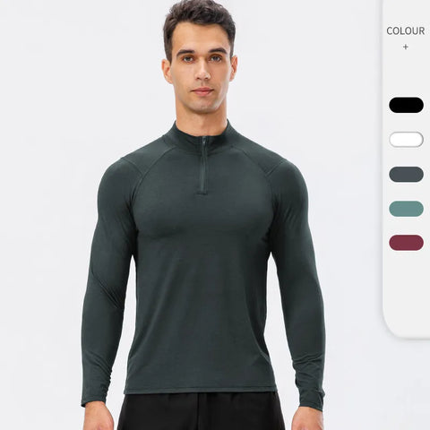 Men's Autumn Fitness Long-Sleeved Quick-Dry Running Tops Half-Zipper Slim-Fit Training Sweatshirt Baselayer Undershirts