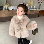 Fashion Girls Fur Long Sleeves Winter Warm Faux Fur Coat Solid Color Bow Baby Girl Thick Jackets Children’s Top CH196