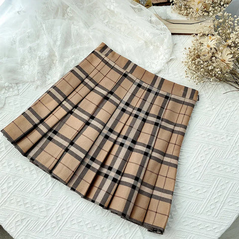 Contrast Color Plaid Striped Skirt Korean Version of Pleated Skirt Autumn High Waist A Line Plaid Mini Skirt Student Style Sweet